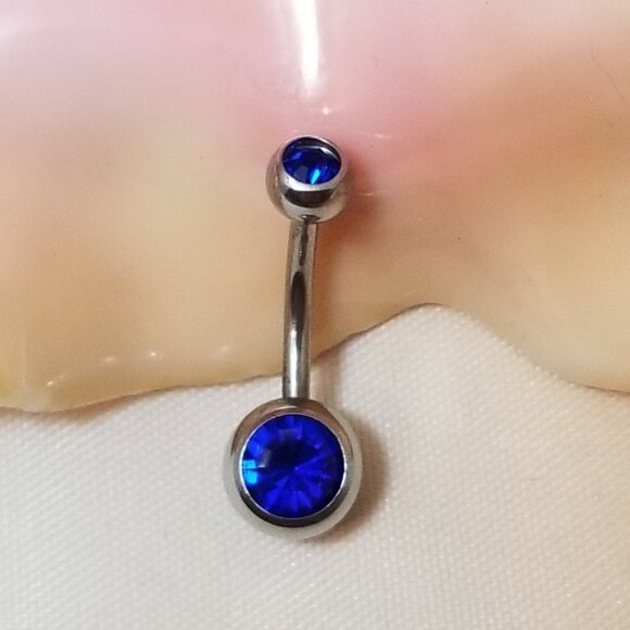 14G BLUE Surgical Steel belly ring with CZ gems 10mm 3/8 standard piercings NWT - Picture 1 of 2